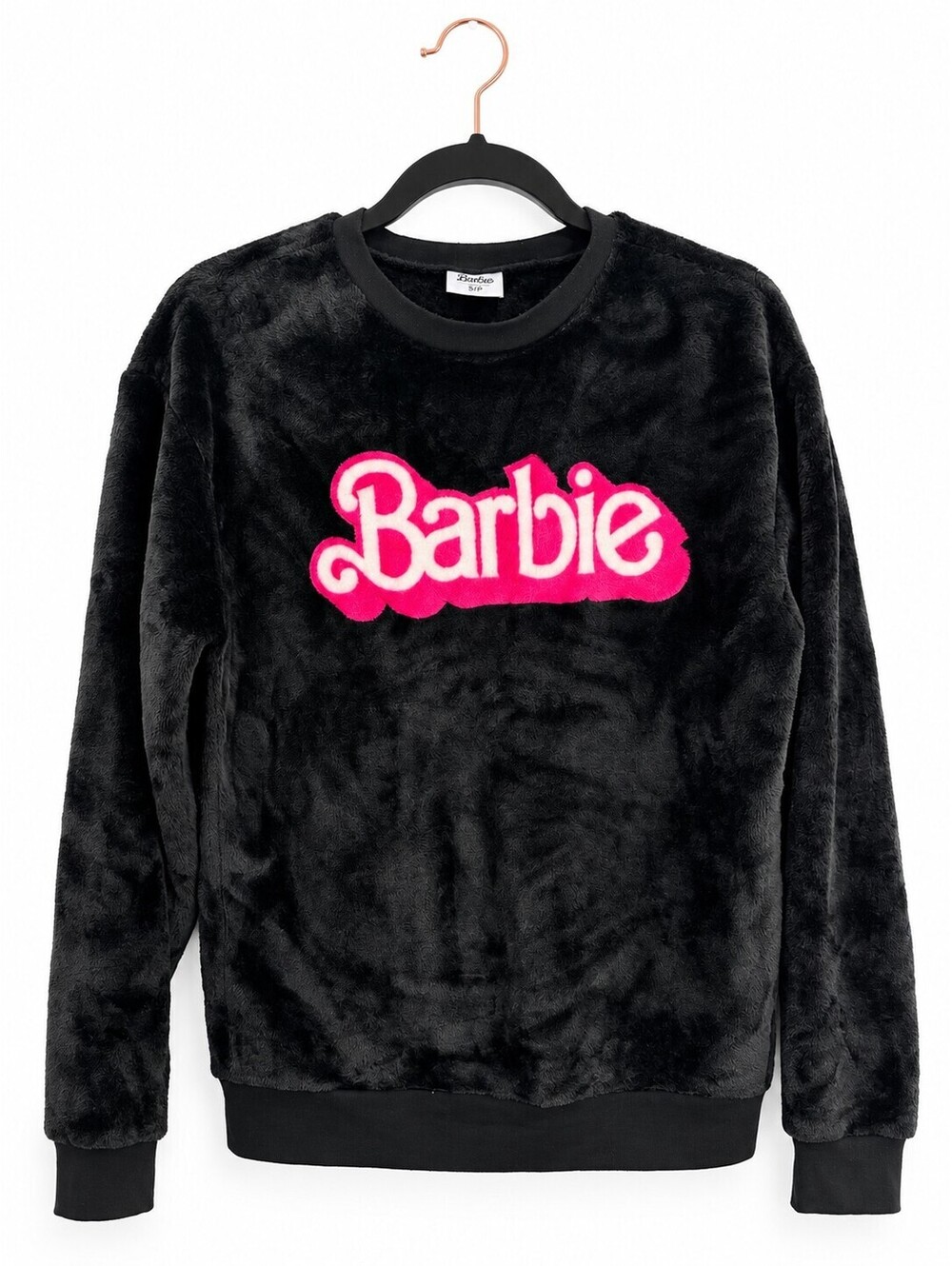 Barbie The Movie 2023 Women's S Black Fuzzy Plush Pink Logo Sweatshirt